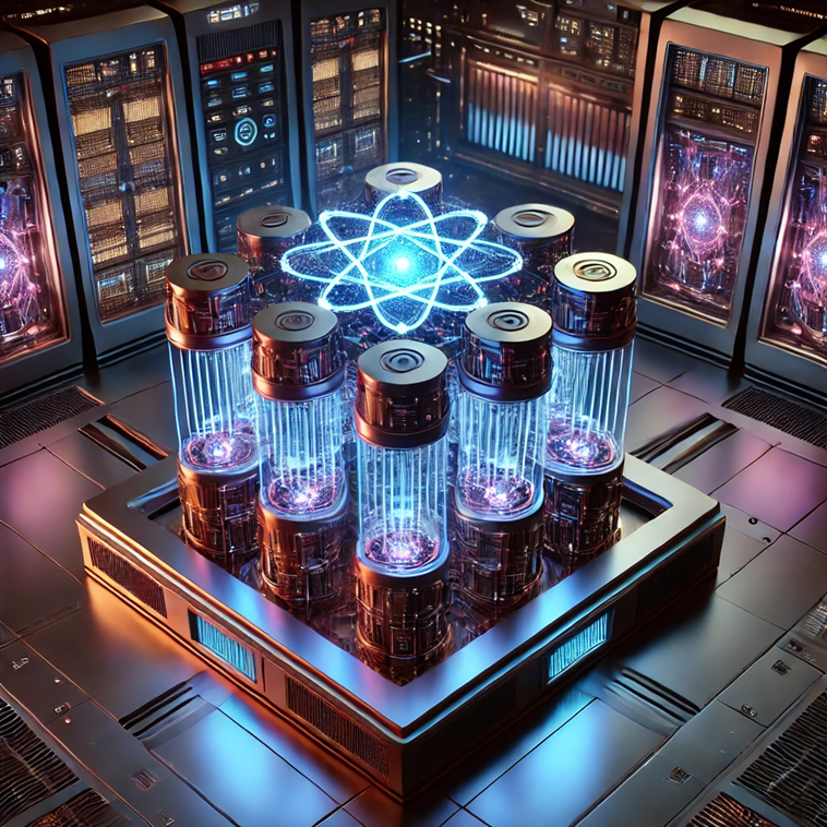 Futuristic laboratory setup featuring a central device with six cylindrical containers emitting a blue glow, arranged in a hexagonal pattern. Above the containers, a glowing atomic symbol is displayed. The background includes various high-tech equipment and control panels with illuminated screens and buttons.
This image seems to depict a high-tech research facility, possibly involved in advanced scientific experiments with a focus on nuclear or quantum technology. It's quite interesting to see how the artist imagined this futuristic environment.