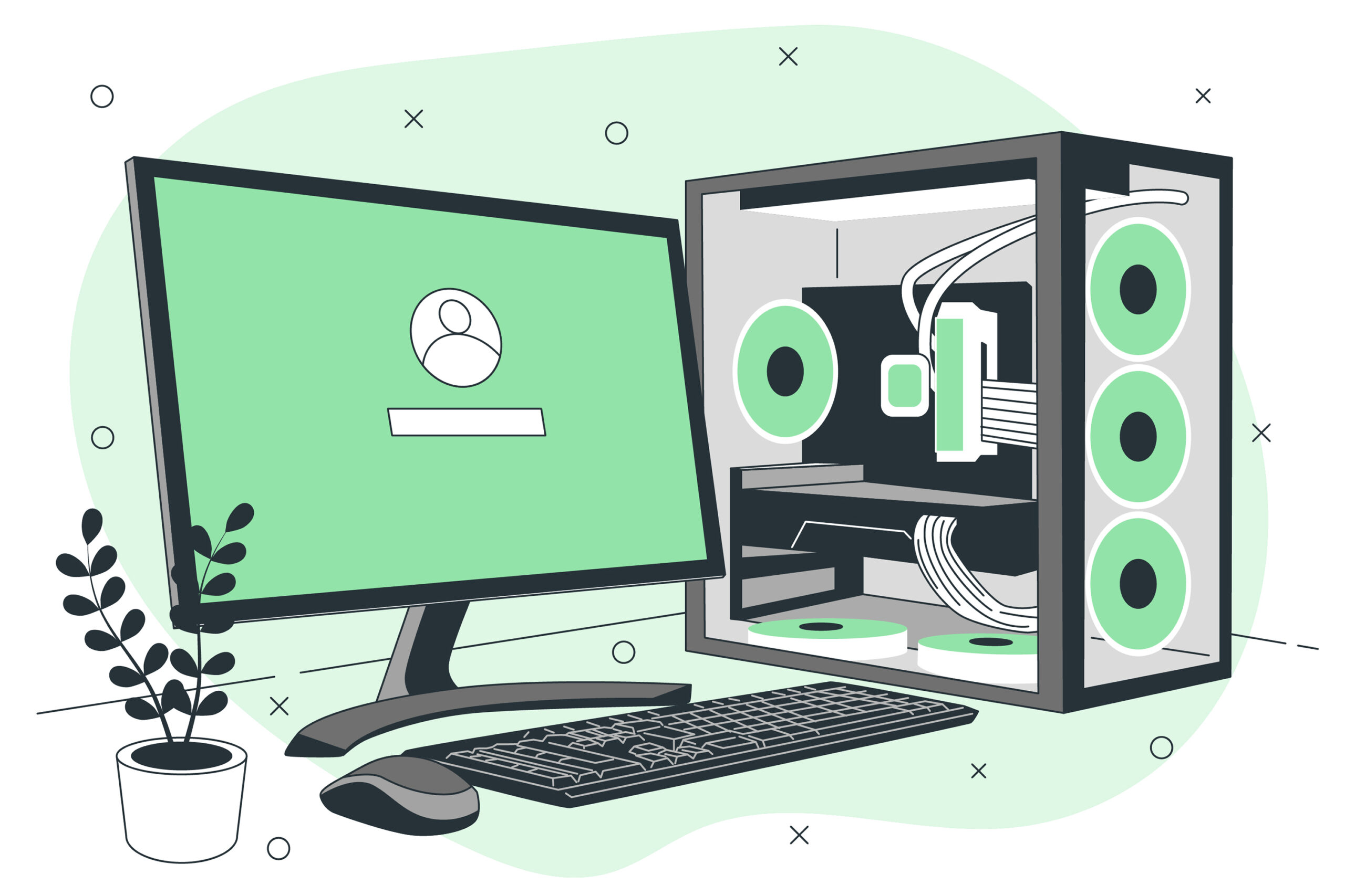 Illustration of a computer setup with a monitor, keyboard, mouse, and an open computer case showing internal components. The monitor displays a login screen with a user icon and a text field. A small potted plant is placed beside the monitor.