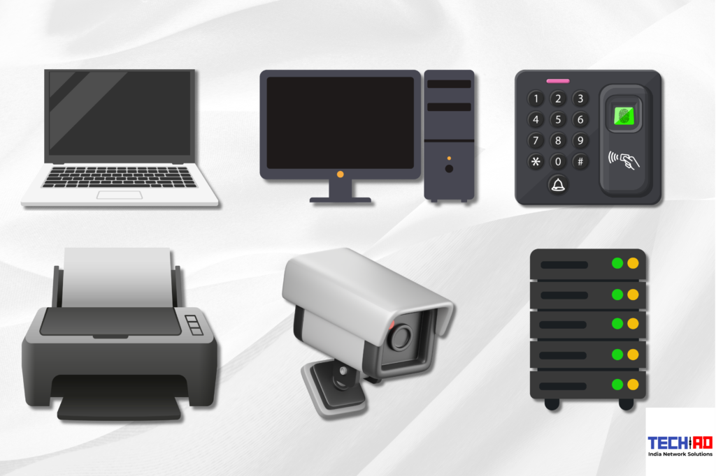 The image shows six different icons representing various technological devices and equipment. From top left to bottom right, the icons include a laptop, a desktop computer with a monitor and tower, a keypad with a fingerprint scanner and card reader, a printer, a security camera, and a server rack. The bottom right corner of the image features the logo 'TECH-AD India Network Solutions