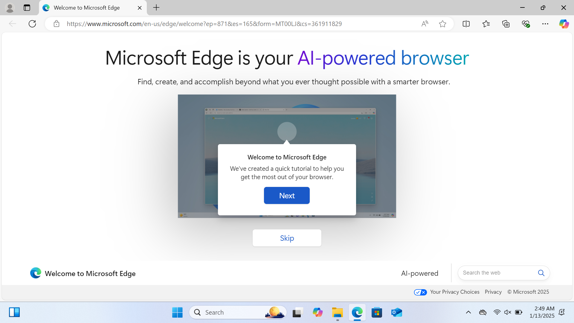 The image shows the welcome screen for Microsoft Edge, highlighting it as an AI-powered browser.