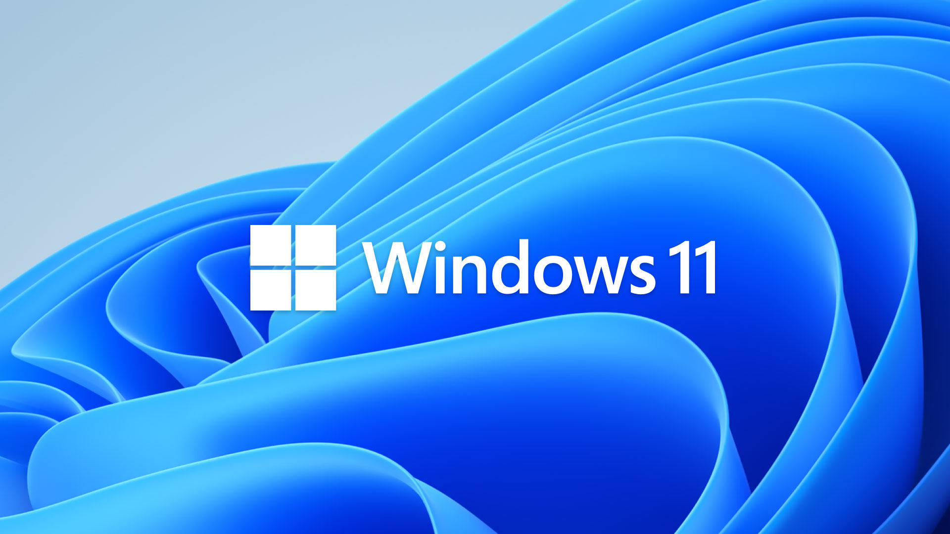 The image shows the Windows 11 logo with a blue abstract background. The logo consists of a white window icon next to the text 'Windows 11' in white font.