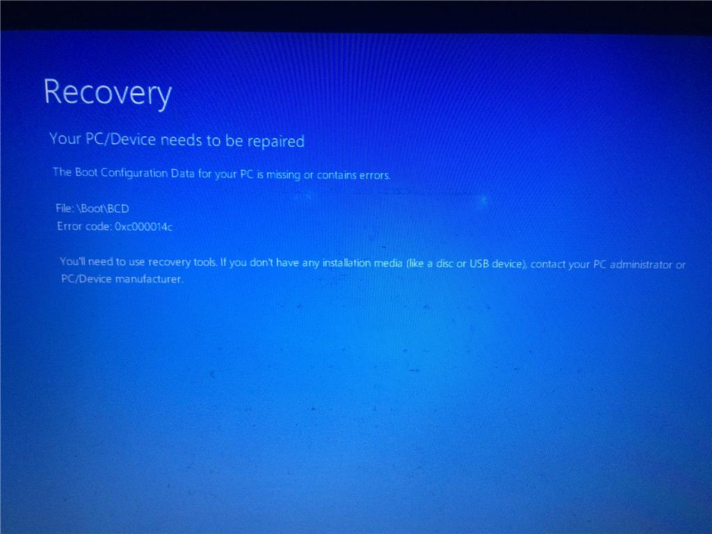 A blue screen with a "Recovery" message indicating that the PC/Device needs to be repaired. The Boot Configuration Data for the PC is missing or contains errors. The screen displays the file path "\Boot\BCD" and the error code "0xc000014c". It advises using recovery tools or contacting the PC administrator or device manufacturer if no installation media is available.