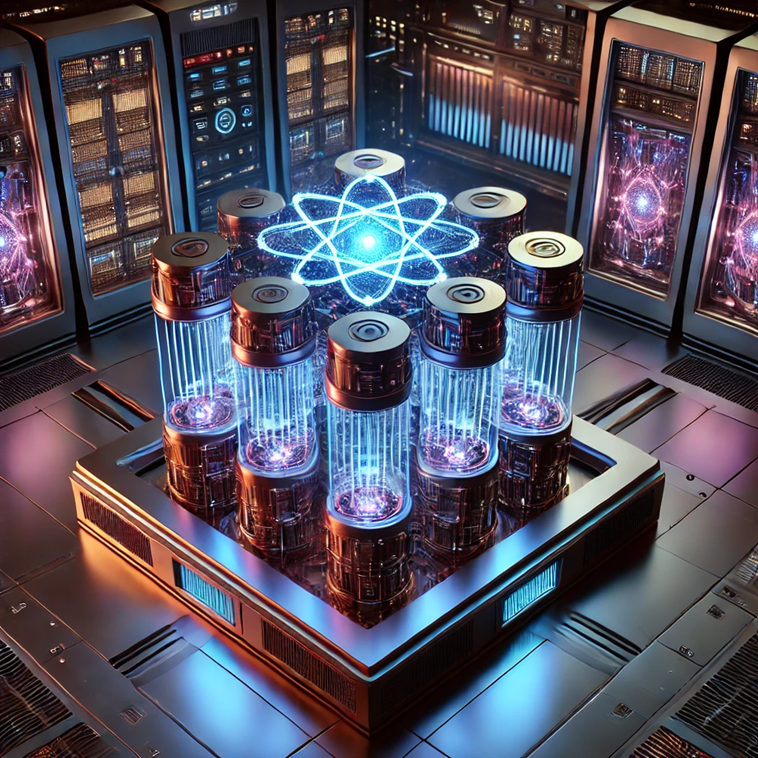 Futuristic laboratory setup featuring a central device with six cylindrical containers emitting a blue glow, arranged in a hexagonal pattern. Above the containers, a glowing atomic symbol is displayed. The background includes various high-tech equipment and control panels with illuminated screens and buttons.

This image seems to depict a high-tech research facility, possibly involved in advanced scientific experiments with a focus on nuclear or quantum technology. It's quite interesting to see how the artist imagined this futuristic environment.