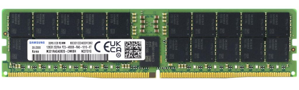 A Samsung DDR5 ECC RDIMM memory module with a green circuit board and black memory chips. The module has a white label with various specifications, including "Samsung," "DDR5 ECC RDIMM," "M321RAG4BB0-CWEH6," and "32GB 2Rx8 PC5-4800B-40."