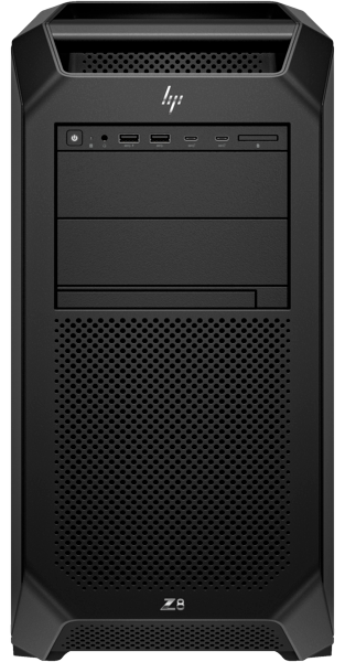 The image shows a black HP Z8 workstation tower. The front panel includes the HP logo, power button, USB ports, and drive bays. The lower section features a perforated design for ventilation.