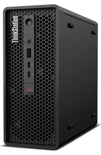The image shows a Lenovo ThinkStation P360 Ultra desktop computer. The front panel features a honeycomb design with various ports, including a power button, headphone jack, USB ports, and a Thunderbolt port. The model name "P360 Ultra" is displayed in red text.