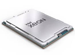 A close-up image of an Intel Xeon processor. The processor has a silver metallic casing with the Intel Xeon logo printed on top. The edges of the processor show some intricate design and connectors.